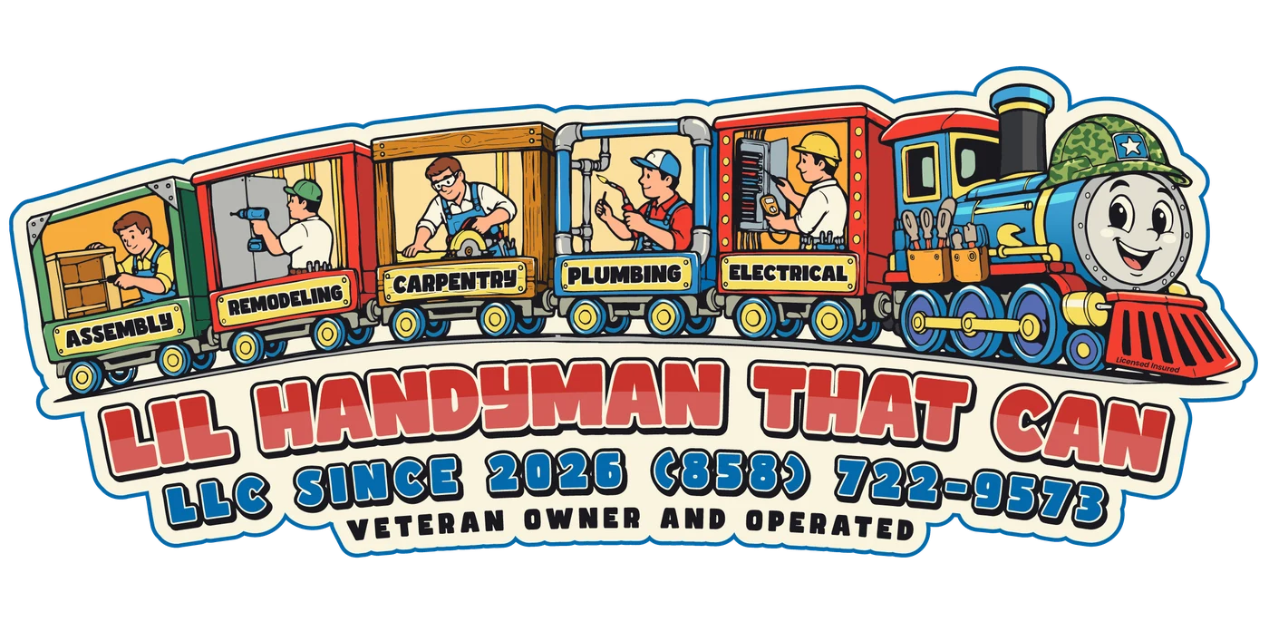 Lil Handyman That Can train logo: Assembly, Remodeling, Carpentry, Plumbing and Electrical cars pulled by a smiling engine